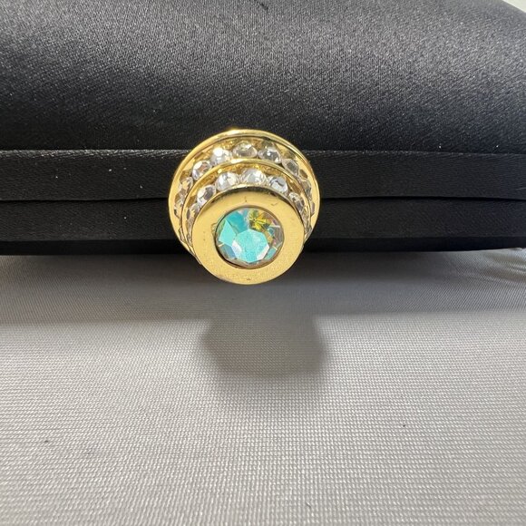 Rhinestone Clasp Classic Preppy Black Satin Clutch Purse Gold X Body Chain Strap - Picture 12 of 12